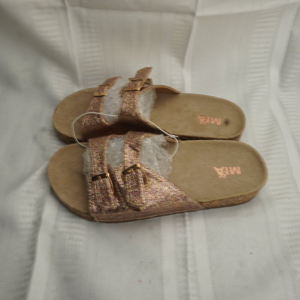 Mia Women’s Glitter Slide Sandals Rose Gold Double Buckle Comfort Footbed Size 8